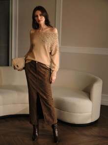 MOTF PREMIUM WOMEN'S AUTUMN NEW ROUND NECK LONG SLEEVE LOOSE FAUX PEARL RHINESTONE EMBELLISHED ELEGANT SWEATER