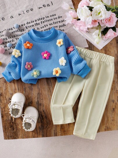 Bebê Meninas Inverno Quente Tricô Floral Crewneck Suéter e Calças de Perna Reta 2 peças/Conjunto