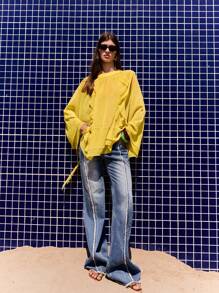 Maija 女士纯色泡泡袖荷叶边宽松时尚衬衫，适合夏季、秋季、度假、外出等场合，波西米亚风女装 - 黃色 - 查看 1