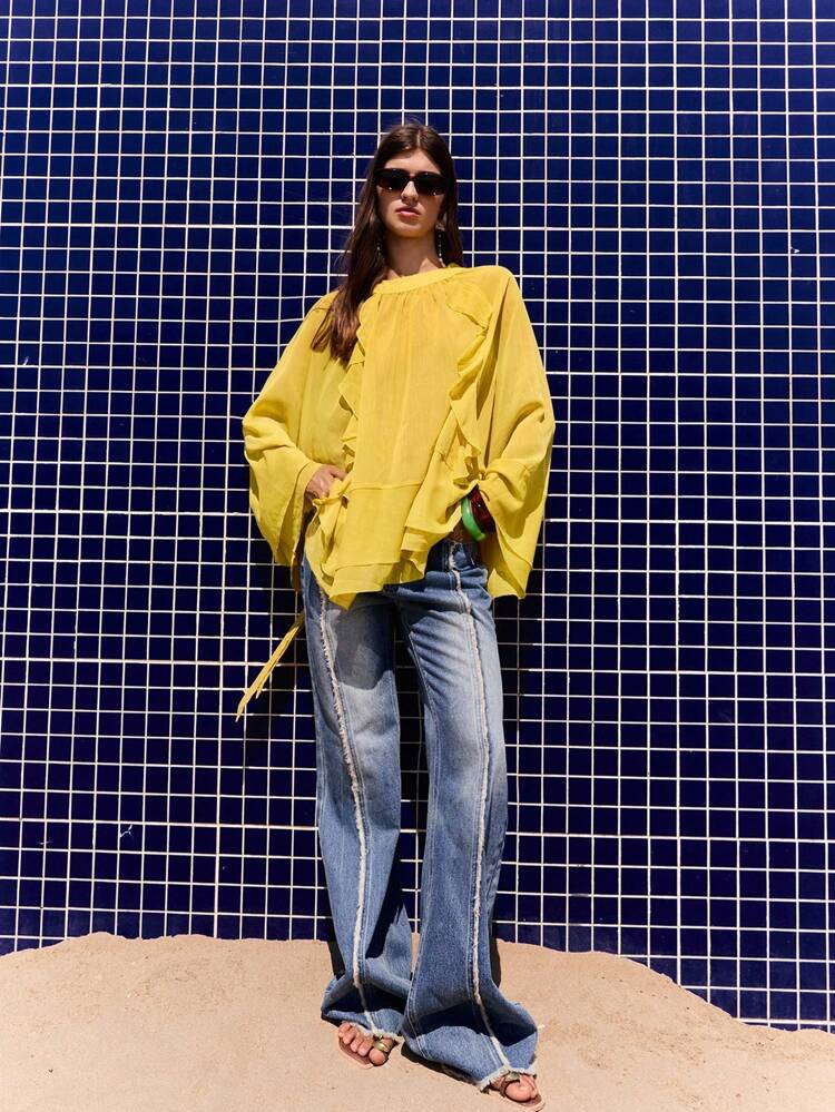 SHEIN Maija Blouse ample à manches chauve-souris et ourlet volant, couleur unie, mode d'été pour femmes en vacances, automne, sortie. Hauts pour femmes en vacances, automne, bohème