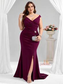 Coutiva Vestido de fiesta formal ajustado con volumen en el bajo estilo cola de sirena para mujer talla grande (muy adornado)