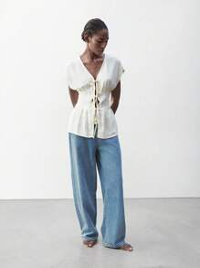 Maija Áo cánh vải lanh cotton màu mơ cổ chữ V thắt nơ phía trước cho nữ, áo hàng ngày phong cách Bohemian cho kỳ nghỉ hè, lãng mạn, thời trang, đa năng; thích hợp cho kỳ nghỉ hè, thoải mái, phong cách Bohemian, trang phục đi biển, đồ bơi che thân, phong cách, thanh lịch, giản dị, trang phục hàng ngày đơn giản - trắng - Xem 6