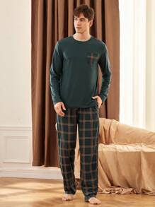 2pcs Men's Patchwork Pocket Long Sleeve Top And Plaid Long Pants Loungewear Set  Cozy And Elegant Details, Fall Clothes