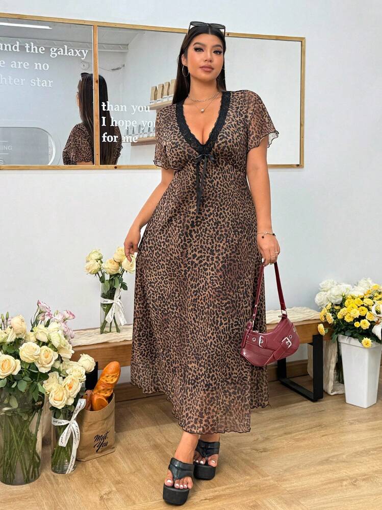 Solflare Vestido con cuello en V de talla grande con estampado de leopardo en malla y encaje en contraste - Multicolor - Añade 3