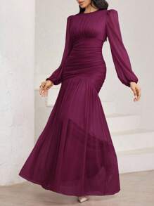 Veilorie Elegant Solid Color Lantern Sleeve Ruched Bodycon Dress - Hot Pink - View 5