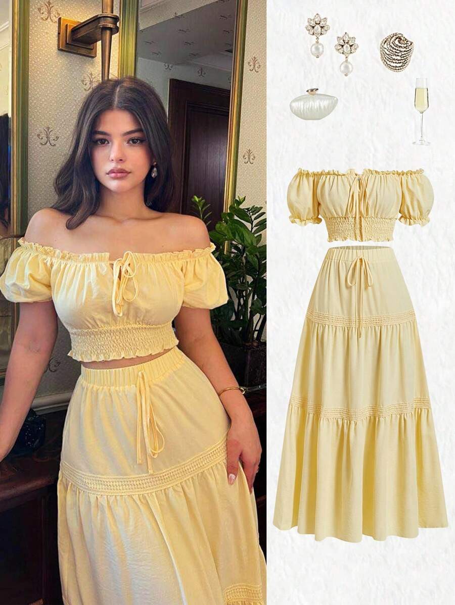 Elenzga New Off-Shoulder Puff Sleeve Front Tied Bow Waist Flared Hem Skirt Set, Vacation Casual Elegant Youthful Versatile Slimming Refined Ladies 2pcs Outfit - Yellow - View 1