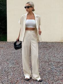 Livesso 2 Stücke Damen ärmelloses Hosenanzug-Set aus Jacke und weiter Hose, Sommer