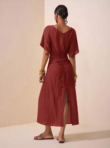 Zivah 2025 春夏新时尚节、复活节、圣帕特里克节、西部风、游牧风、生日派对、毕业季、学院风、学生装、日常外出、基础百搭、休闲、度假、邮轮旅行、海滩、日光浴、网络热卖、街头服饰、婚礼宾客波西米亚早餐装、机场装、圆领腰部褶皱长裙、亚麻纹理面料、后拉链 - 酒紅色 - 查看 2