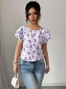 Elenzga 夏季休闲碎花荷叶边插肩袖衬衫 - 紫色 - 查看 3