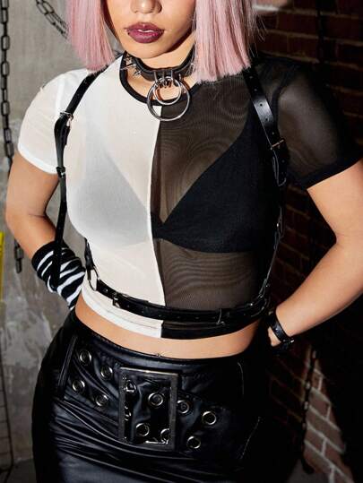 Grunge Punk Schwarz & Weiß Mesh Patchwork Rundhals Kurzarm Crop Figurbetonte T-Shirt für Damen in Große Größen