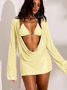Opulessa Plain Beige Women Bikini Set With Knot Detail And Short Draped Cover-Up, Plain Beige Bikini Set With Long Sleeve, Drape Cover-Up And Short Length Style Yellow Cover Up, Elegant Vacation Outfits, Summer Beach Outfits, Sexy Club Outfits, Halloween, Christmas , New Year, Thanksgiving Outfits - Beige - View 6
