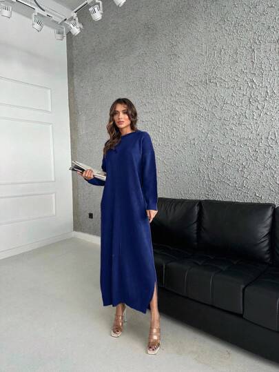 EURMUSE Women's Solid Color Round Neck Drop Shoulder Long Sleeve Side Slit Hem Loose Knitted Dress,Petite