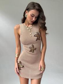 Aloruh Apricot V-Neck Sleeveless Bodycon Tassel Mini Beach Dress With Sea Star Print, Spring/Summer - Khaki - View 1