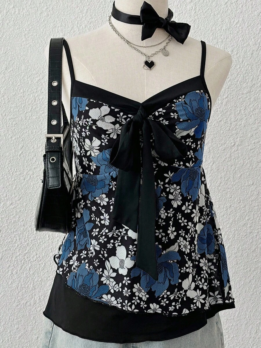 SHEIN Áo hai dây buộc trước họa tiết hoa thường ngày dành cho nữ, mùa hè - Màu xanh lam - Xem 1