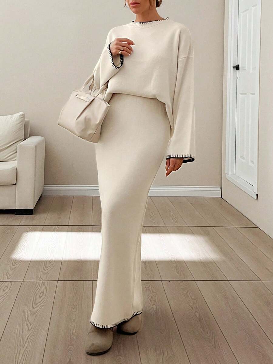 EURMUSE Women Stitch Detailed Round Neck Drop Shoulder Pullover & Sweater Skirt Set Cream Two Piece Set Beige Two Piece Set Elegant Two Piece Set Comfortable Two Piece Set Knit Two Piece Set,Petite,Winter Clothes - Beige - View 1