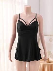 SHEIN 2 piezas Set de camisón sexy con lazo, adorno y correa para espagueti para mujer - Negro - Ver 6