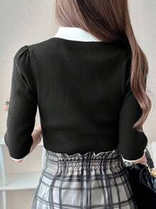 FRIFUL Women's Contrast Color Ribbed Faux Pearl Button Embellished Knit Top Black Knit Top Pearl Button Top Half Sleeve Top Collared Knit Top Women Preppy Top