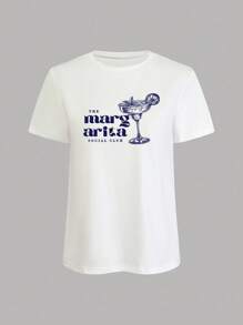 Jouncy Women's Summer Beverage Letter Print Short Sleeve T-Shirt And Striped Shorts Casual 2 Pieces Set