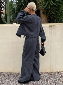 Livesso 女士条纹系腰上衣和宽松裤子两件套 - 藏蓝色 - 查看 2