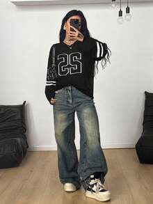 Coolane 男女情侣同款针织条纹数字印花超大针织罩衫，秋冬季跨年/情人节 - 黑色 - 查看 4