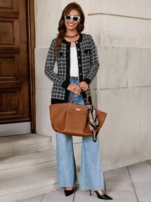 SHEIN Clasi Cardigan cu mânecă lungă în carouri pentru damă, decorat cu nasturi, pulover elegant de toamnă Cardigan pentru femei, topuri cu mânecă lungă