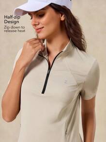 OutZeal Women Sports Sweatshirt Gym Wear Golf Polo Long Sleeve UV Protection Cool Touch Stand Collar Half-Zip Top - Khaki - View 3