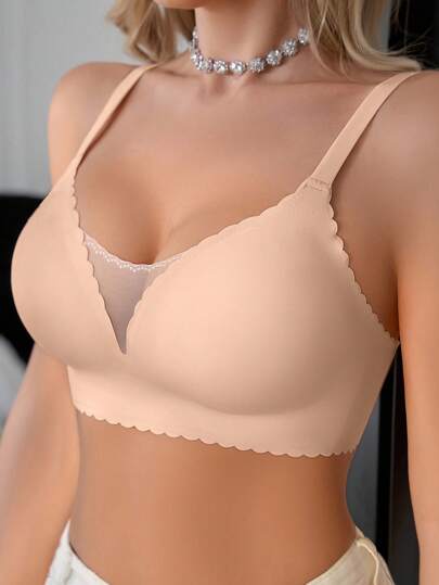 1 件无缝网眼拼接纯色波浪下摆可调节无钢圈可拆卸衬垫文胸