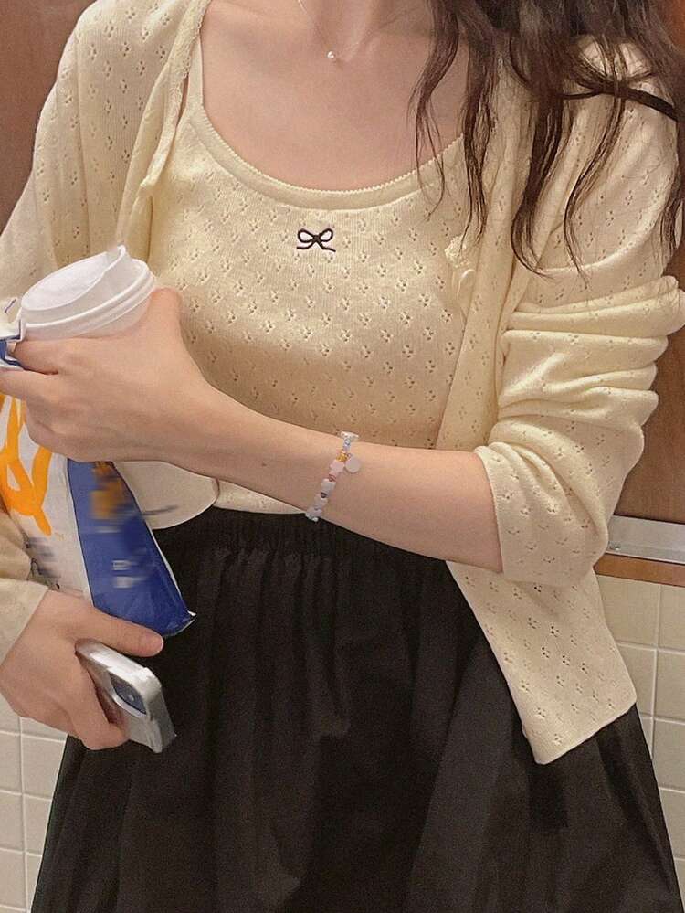 Women's Solid Color Hollow Out Long Sleeve Single-Breasted Knitted Cardigan And Bow Decor Camisole Knit Top Casual 2 Pieces Set
