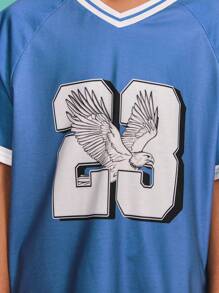 SHEIN Camiseta de manga corta con cuello en V casual, suelta y cómoda con estampado de letras para niño preadolescente - Azul - Ver 4