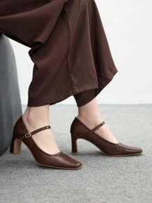 CUCCOO BIZCHIC Women's Casual Simple Solid Color Chunky Heel With Buckle Flat Shoes For Christmas Spring Shoes - Brown - View 5