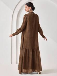 Women's Elegant Solid Color Stand Collar Dress - Coffee Brown - View 6