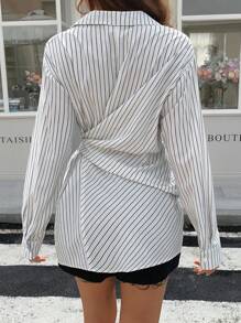 Livesso 女式系带腰部宽松条纹长袖衬衫 - 黑色 - 查看 2