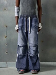 NEON BLANC Men's Casual Washed-Out Contrasting Stripe Wide-Leg Jeans, Emo Style - Blue - View 2