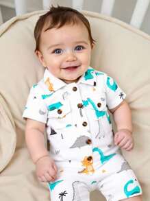 SHEIN White Newborn Baby Boy Cute Cartoon Dinosaur All-Over Print Jumpsuit,100% Cotton Summer Casual Vacation Comfortable Birthday Party Romper With Pocket - Multicolor - View 1