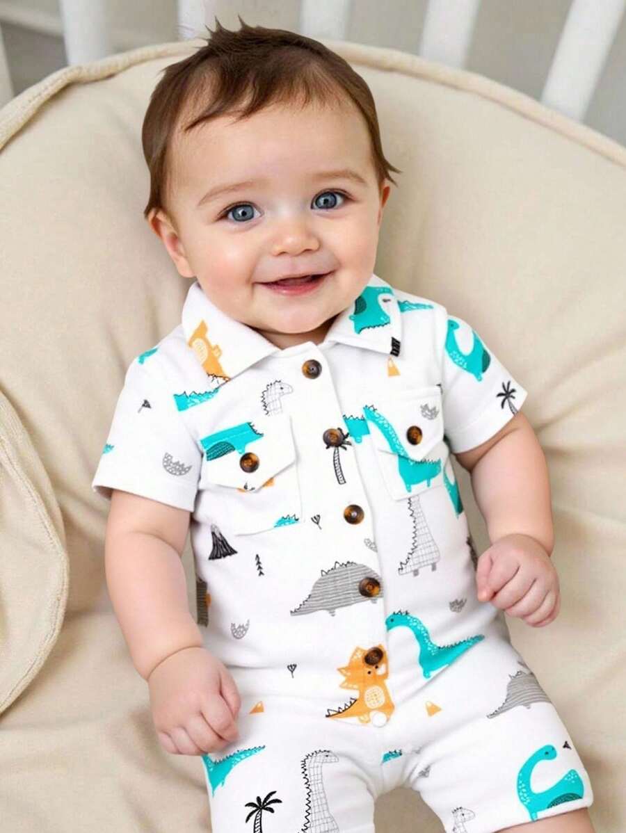 SHEIN White Newborn Baby Boy Cute Cartoon Dinosaur All-Over Print Jumpsuit,100% Cotton Summer Casual Vacation Comfortable Birthday Party Romper With Pocket - Multicolor - View 1