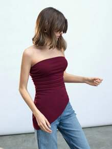 Maija 女士酒红色夏季侧褶修身性感优雅音乐会纯色不对称下摆短款上衣外出