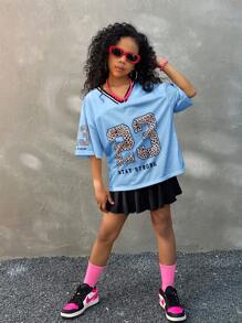 Coolane Kids Tween 女童休闲豹纹、数字和星星图案 V 领透气网眼 T 恤，夏季运动休闲装