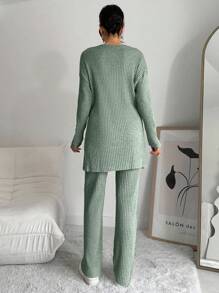 EURMUSE 100%Cotton Drop Shoulder Split Hem Tee & Pants - Mint Green - View 2