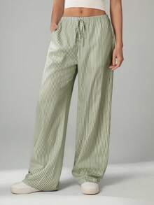 SHEIN Tall Pantalones casuales sueltos de pierna ancha con lazo a la cintura y estampado de rayas para mujer