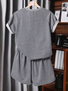 2 Stücke/Set Teenager Mädchen Lässiges, weites Rundhals Kurzarm T-Shirt & Shorts mit elastischem Bund und Tasche, Sommer Sportbekleidung Set - Dunkelgrau - Übersicht 2