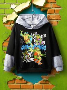 TEENAGE MUTANT NINJA TURTLES | SHEIN Young Boy Cartoon Turtle Print Colorblock Pullover Sweatshirt With 2 In 1 Design Fall Winter - Black - View 1