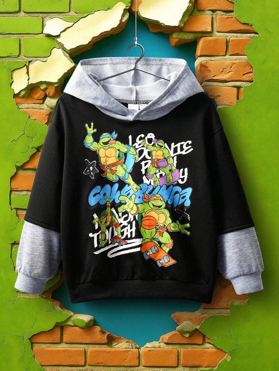 TEENAGE MUTANT NINJA TURTLES | SHEIN Young Boy Cartoon Turtle Print Colorblock Pullover Sweatshirt With 2 In 1 Design Fall Winter - Black - View 1