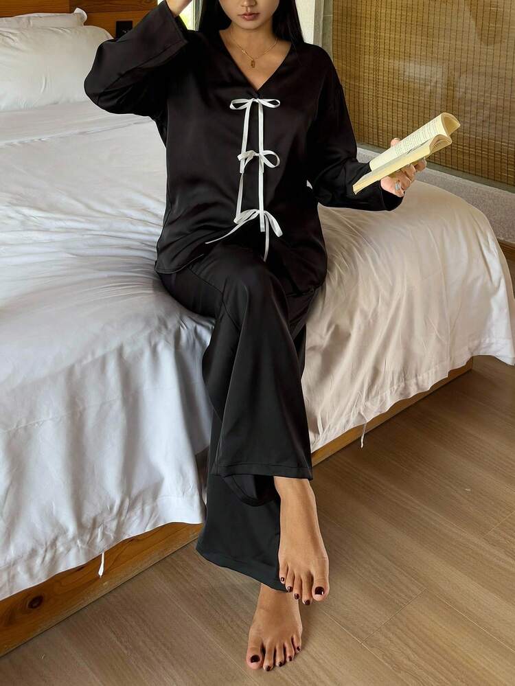 Contrast Color Bowknot V-Neck Satin Women's Pajama Set, Fall Clothes