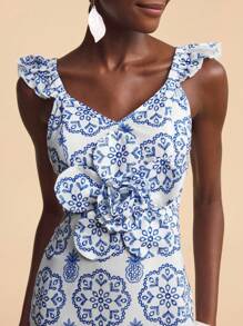 Travachic V领女式连衣裙，3D花卉贴花，泡泡袖，纹理面料，休闲度假连衣裙 - 藍白色 - 查看 2