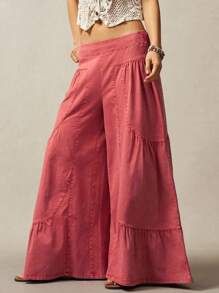 Bohemela Pantalones anchos de talla grande de unicolor informal - Rosa Roja - Ver 4