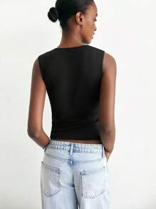 Maija Women's Black Sleeveless Metal Decor Modern Urban Casual Comfortable Fitted Round Neck Top With Metal Mushroom Button Accent, Versatile For All Season, Office, Business Casual, Urban Commute, Magazine Editor Favorite