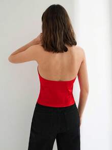 Maija 女式红色前开叉蝴蝶结露背设计吊带背心，春夏时尚，优雅都市时尚设计，细肩带，胸部省道，欧根纱蝴蝶结细节，镂空后背，浪漫，精致，邮轮装，合身，商务休闲 - 紅色 - 查看 5