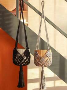 Colgante de planta de macramé hecho a mano con borlas - Soporte colgante de cuerda de algodón para macetas para decoración interior del hogar, decoraciones de tablón de pared bohemio - Multicolor - Ver 2