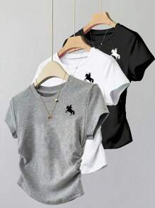 INAWLY Camiseta casual de mujer con estampado de caballero y pliegues, para verano