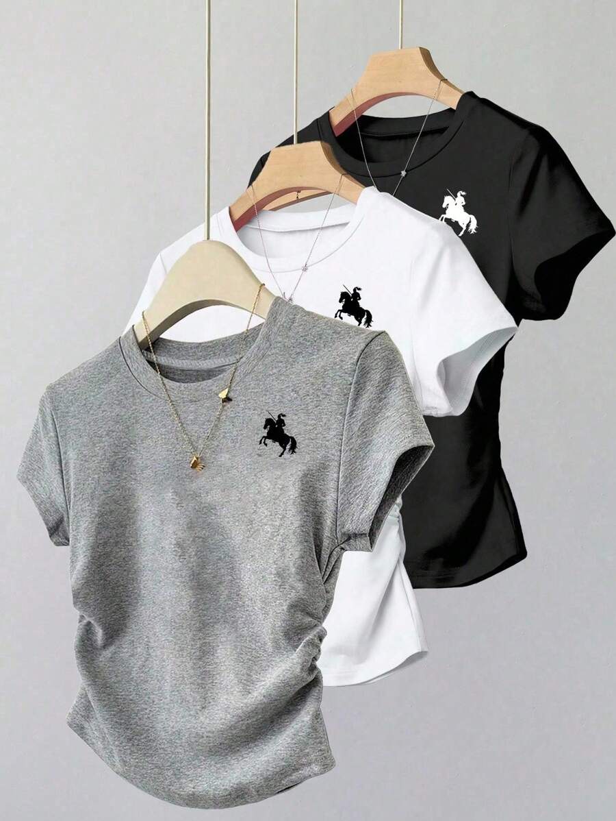 INAWLY Camiseta casual de mujer con estampado de caballero y pliegues, para verano